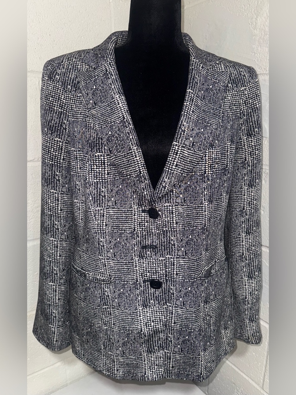 Vintage Carlisle 100% Silk Plaid Blazer Jacket Black White Y2K Archive Sz 12